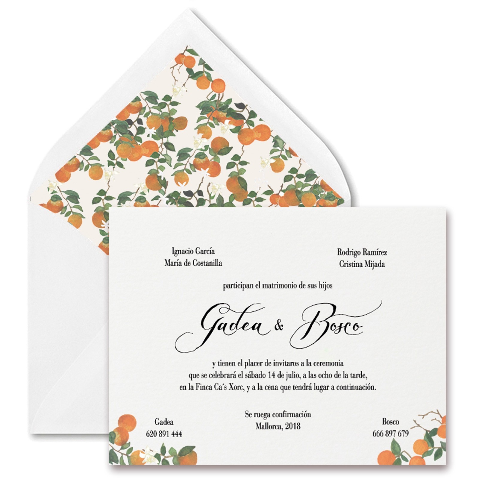 INVITACION DE BODA NARANJAS + SOBRE LISO