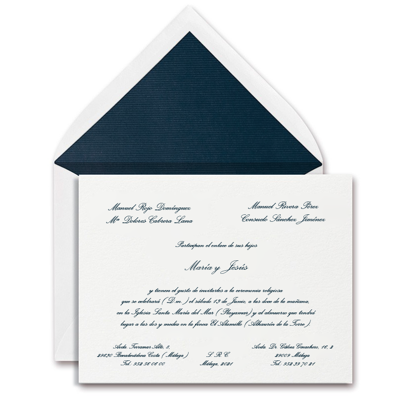 Invitacion de boda Moderna tipo MR. WONDERFUL Color Azul Sobre forrado  Sobre sin forro (incluido en el precio) Tarjetas nº cuenta No Impresión  Digital (+40€)