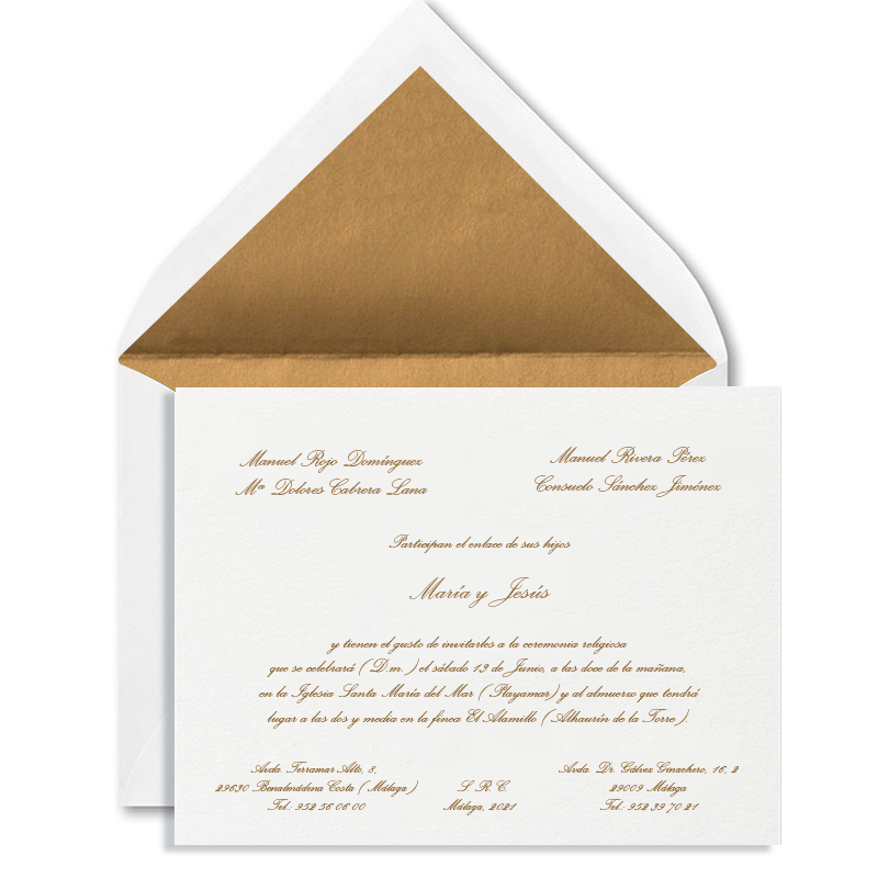 tema Melódico Parpadeo INVITACION DE BODA SOBRE FORRADO ORO