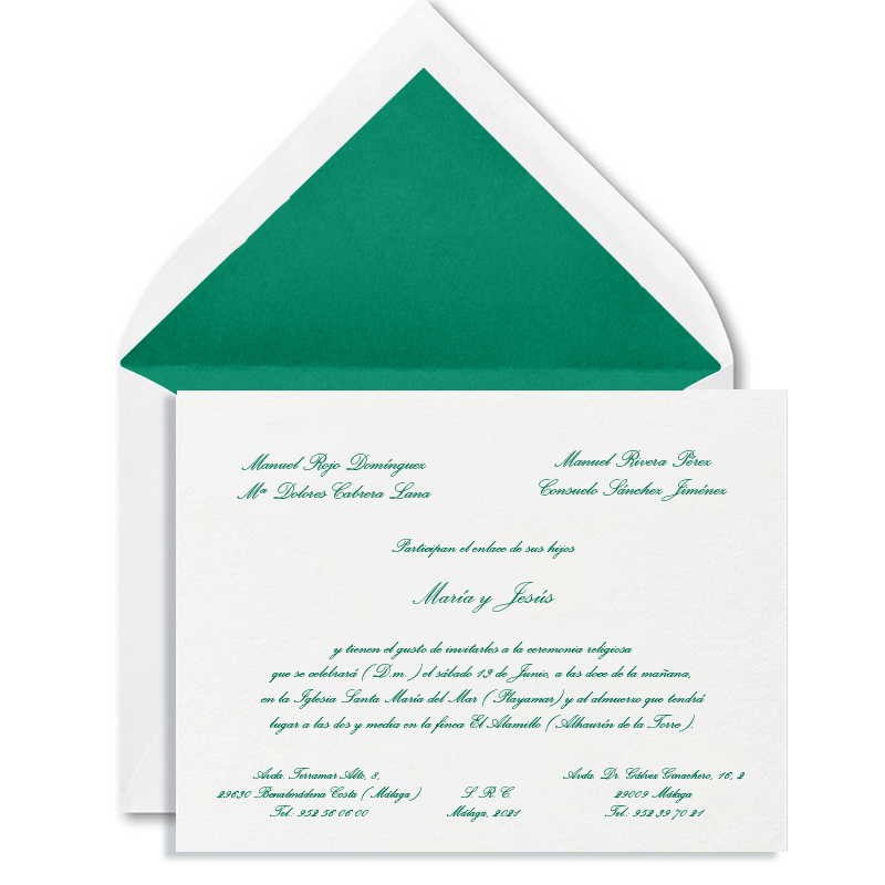 INVITACIÓN DE BODA + SOBRE FORRADO VERDE INGLES