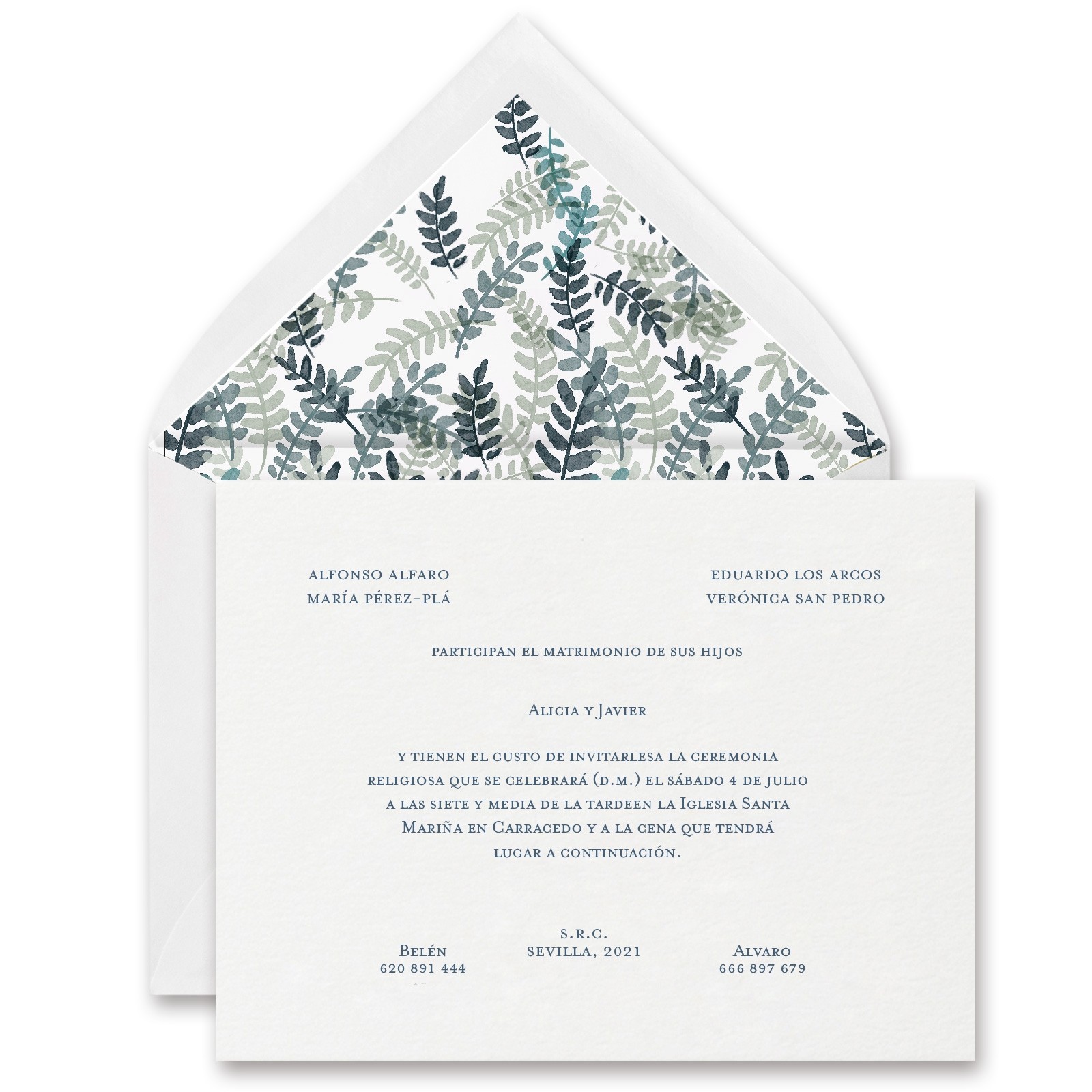 INVITACION DE BODA + SOBRE DISEÑO BLUE FOREST