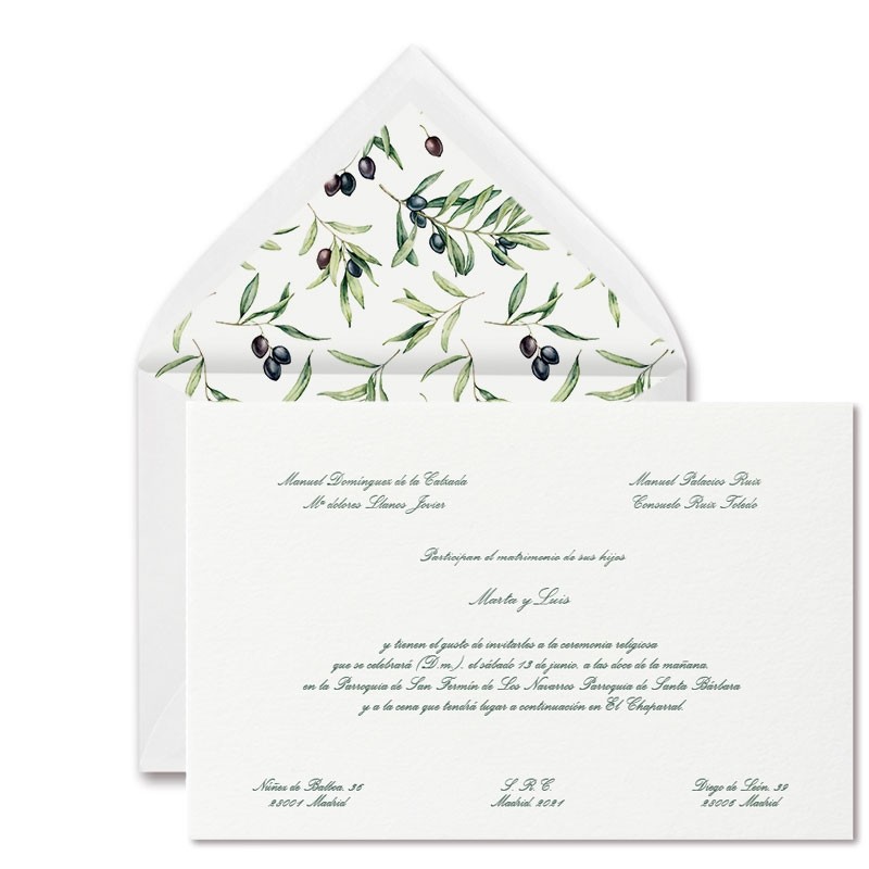 bañera Apoyarse a pesar de INVITACION DE BODA + SOBRE DISEÑO OLIVO en Arte Papel